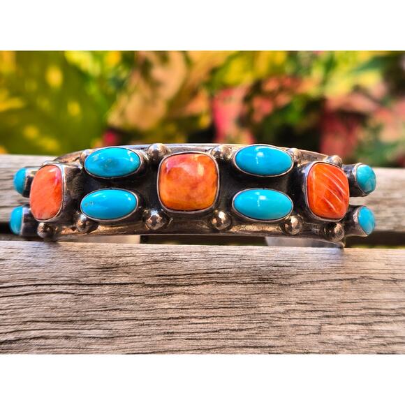 Vintage Native American Turquoise Spiny B Johnson Sterling Silver Cuff Bracelet - Picture 1 of 10